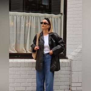 Vintage Black Genuine Leather Longline Minimalist Timeless Chic Classic Jacket